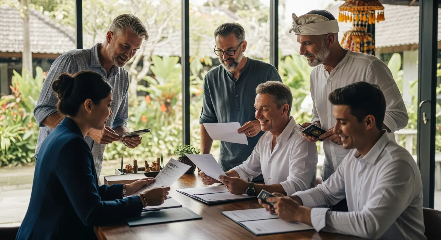 Professional consultant assisting diverse expats, digital nomads, and retirees with E33G visa applications in a modern office in Bali.